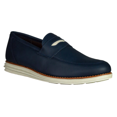 Sandro Moscoloni Men's Natal Navy Mocc Toe Penny Slip on with hyper comfort, removable footbed that provides a soft feel and sturdy comfort