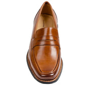 The stylish men's penny loafer sandro moscoloni Stuart tan shoe viewed from the front