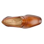 The stylish men's penny loafer sandro moscoloni Stuart tan shoe seen from above